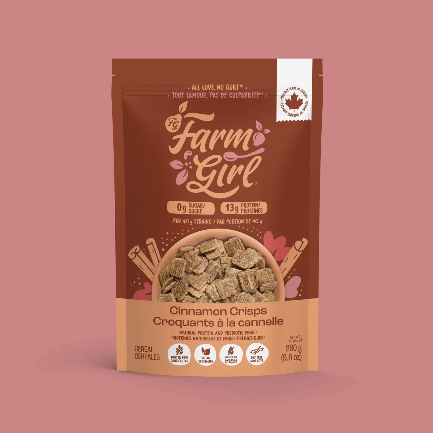 Céréales santé, protéines et fibres prébiotiques - Croquants à la cannelle - Cinnamon Crisps - Farm Girl - 280g