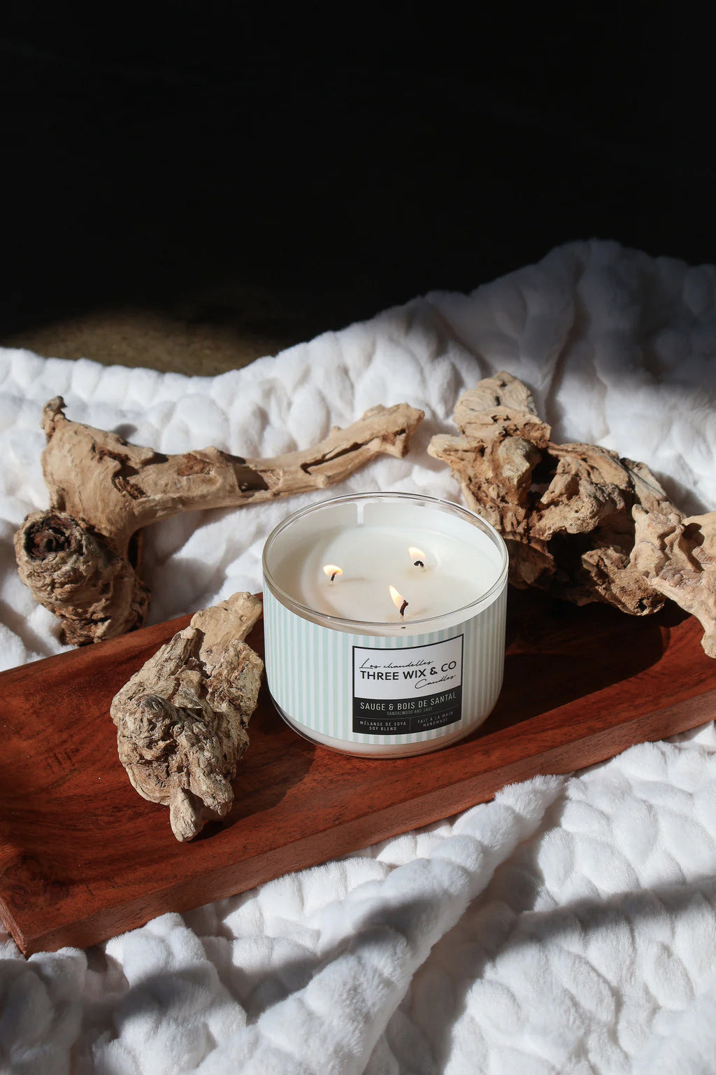 Chandelle de soya 3 mèches - Sauge et Bois de Santal - Three Wix & co candles