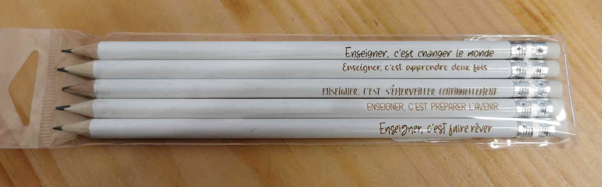 Lot de 5 crayons de plomb en bois avec pensées pour enseignants(es) gravées
