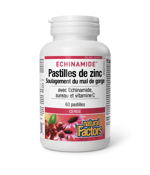 Echinamide - Pastilles de Zinc, Sureau, Échinacée, Vitamine C - Soulagement du mal de gorge - Natural Factors - 60 Pastilles - Saveur Cerise