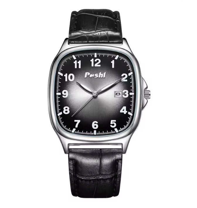Montre pour hommes carrée avec bracelet de cuir noir