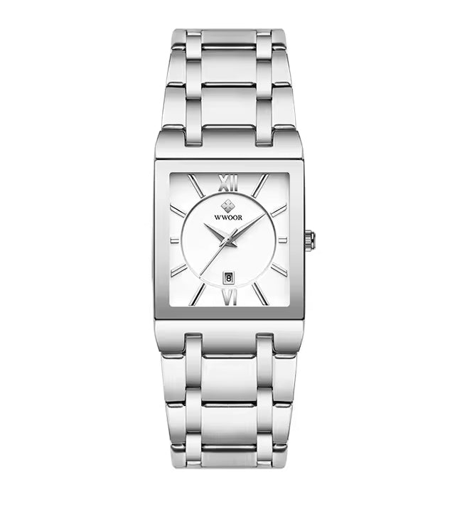 WWOOR - Montre rectangle pour hommes argent fond blanc bracelet en acier inoxydable