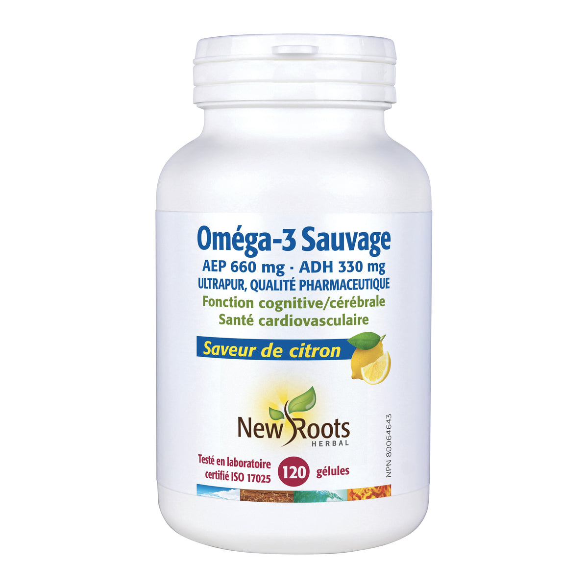 Oméga-3 Sauvage - AEP 660mg ADH 330mg - New Roots - 120 capsules croquables (Saveur de citron)