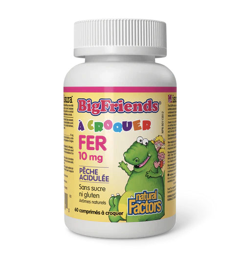 Fer à Croquer pour enfants - 10mg - Big Friends - Natural Factors - Saveur de pêche acidulée - 60 comprimés -