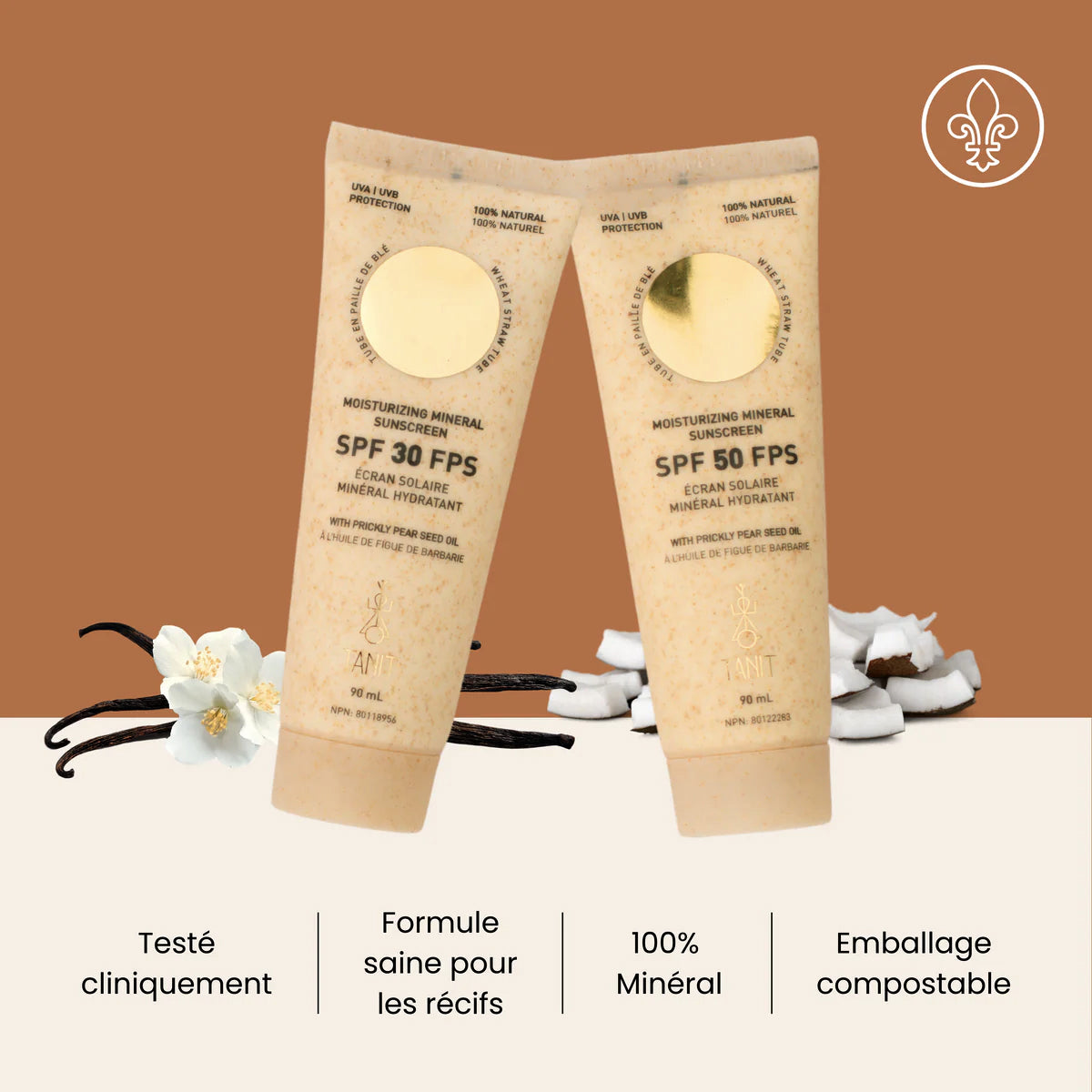 Écran Solaire minéral hydratant - FPS50 - Protection maximale avec légère odeur tropicale - Noix de coco & vanille - Tanit - 90ml